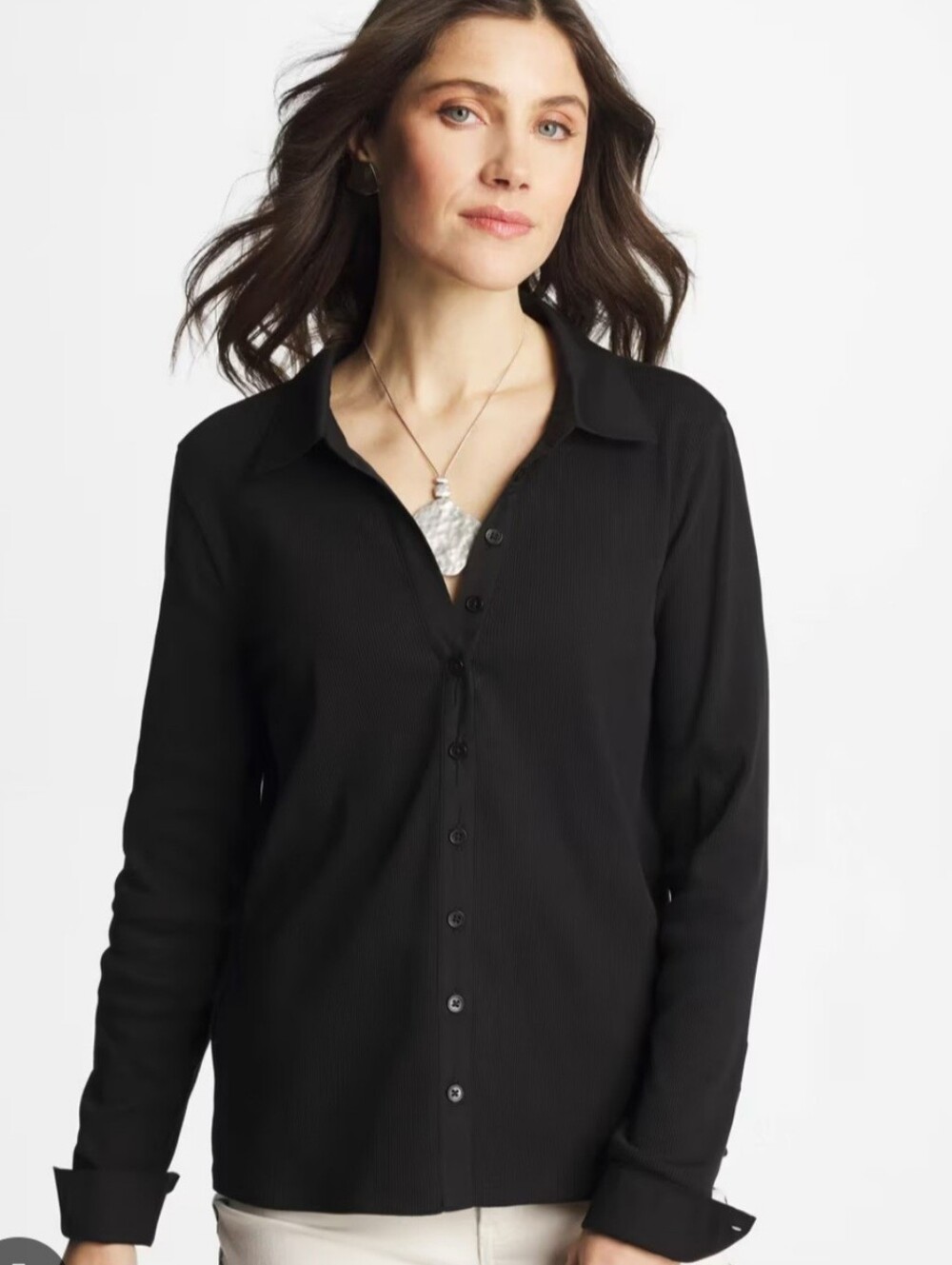 CHICO'S Size 1 Black High-Low Tunic Button Down Shirt Roll Tab Long Sleeve⁠